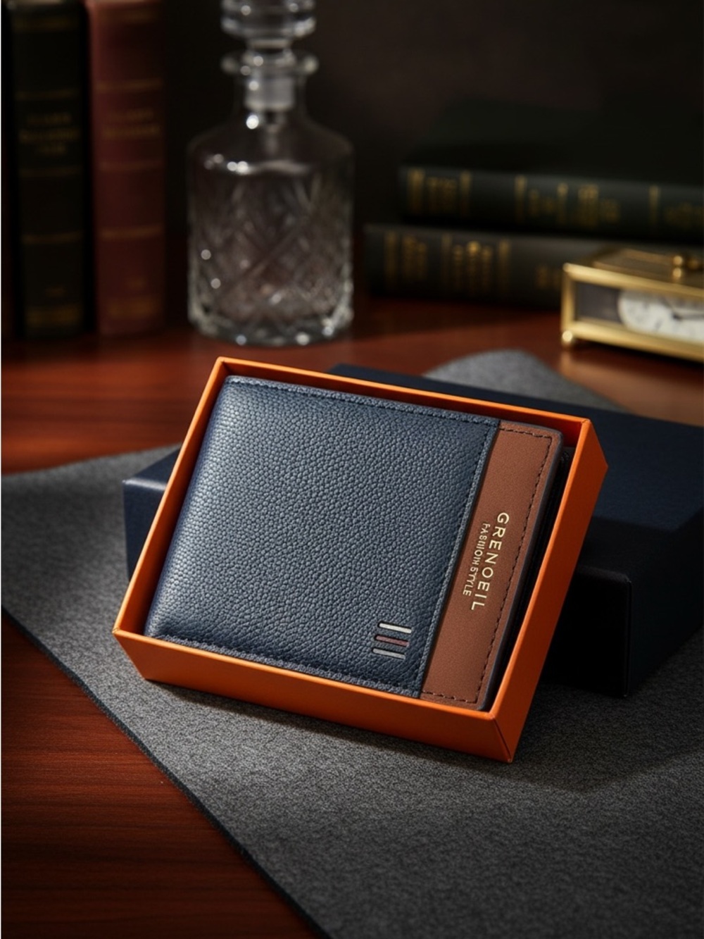 Navy & Brown Leather Bi-Fold Wallet - Picture 1 of 4